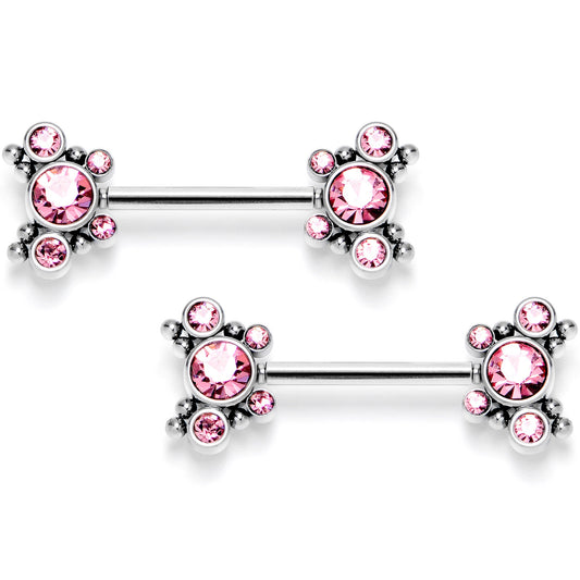 14G 9/16 Pink CZ Gem Circles Threadless Barbell Nipple Ring Set
