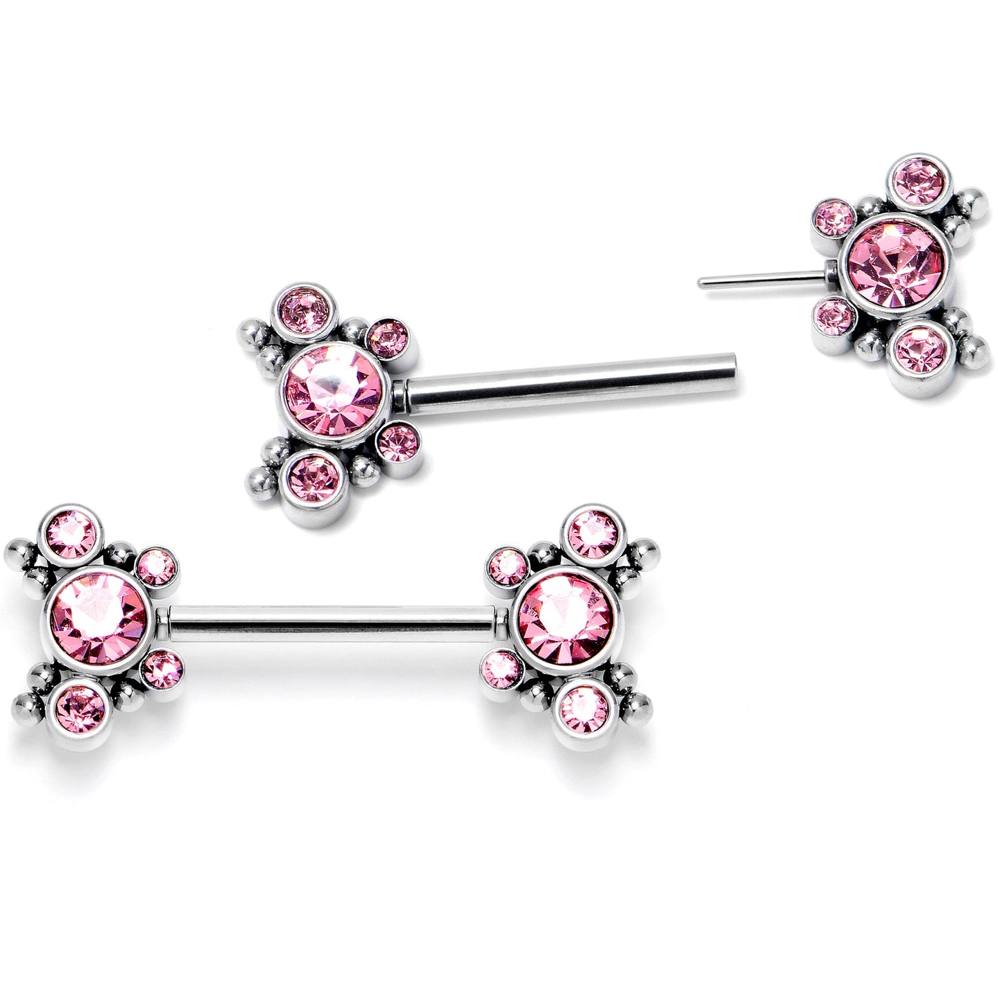 14G 9/16 Pink CZ Gem Circles Threadless Barbell Nipple Ring Set