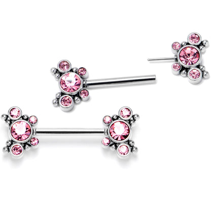 14G 9/16 Pink CZ Gem Circles Threadless Barbell Nipple Ring Set