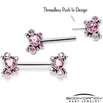 14G 9/16 Pink CZ Gem Circles Threadless Barbell Nipple Ring Set