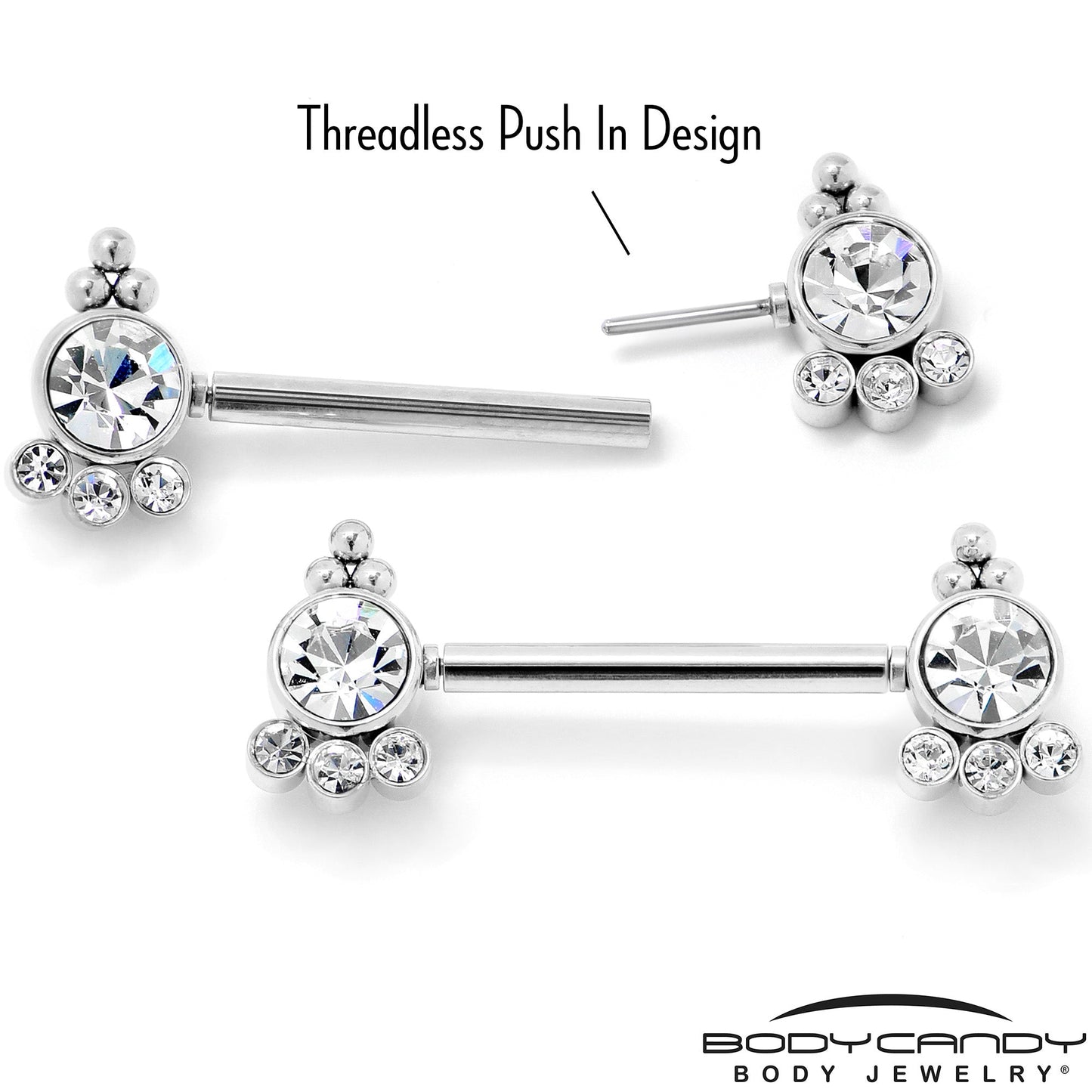 14G 9/16 Clear CZ Gem Style Threadless Barbell Nipple Ring Set