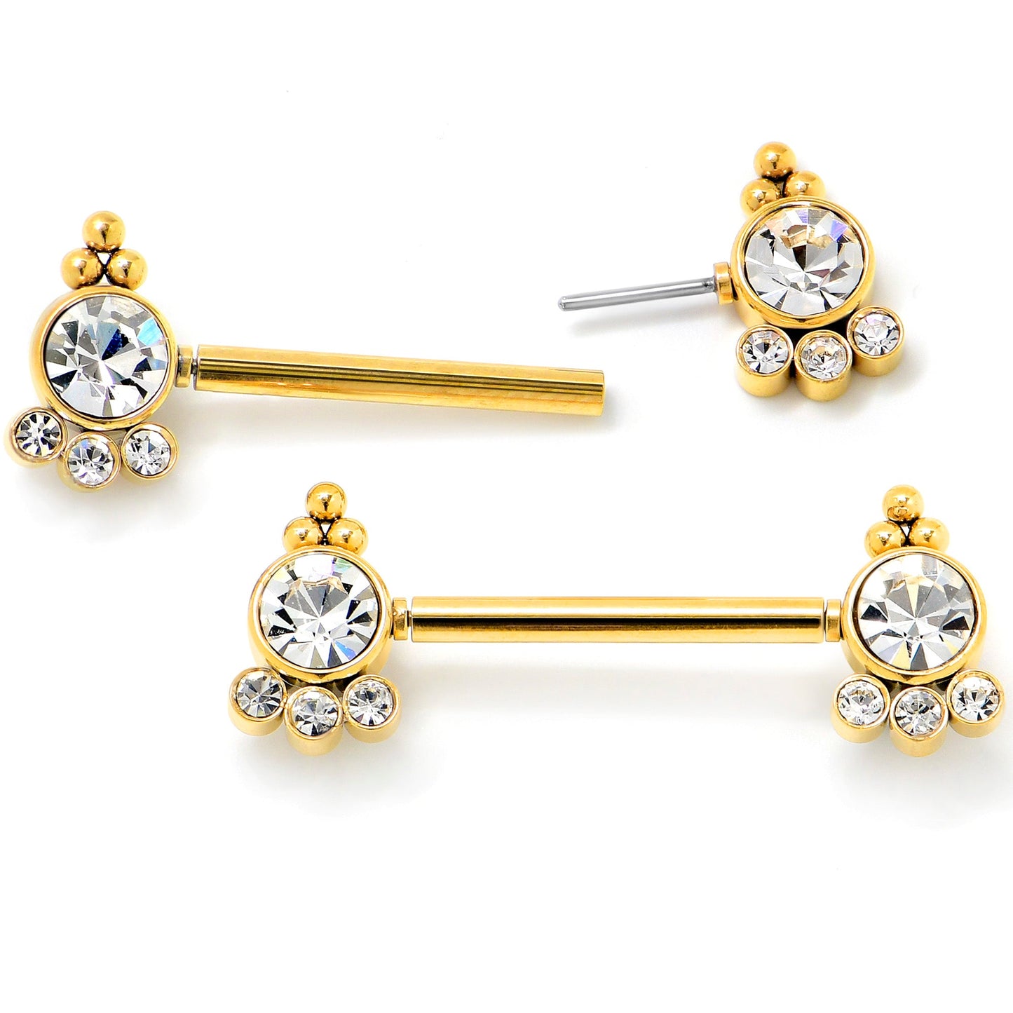 14G 9/16 Clear CZ Gem Gold Tone Style Threadless Nipple Ring Set