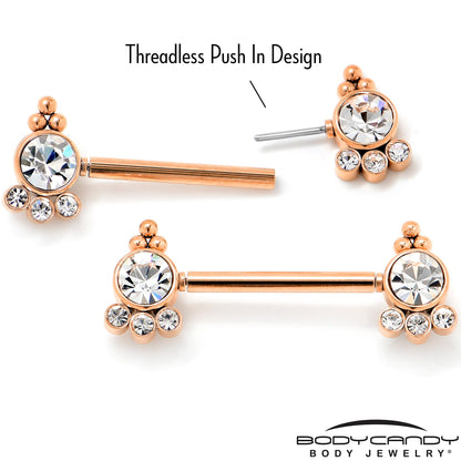 14G 9/16 Clear CZ Gem Rose Gold Tone Style Threadless Nipple Ring Set
