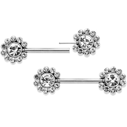 14G 9/16 Clear CZ Gem Flower Threadless Barbell Nipple Ring Set