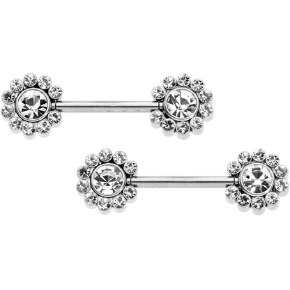 14G 9/16 Clear CZ Gem Flower Threadless Barbell Nipple Ring Set