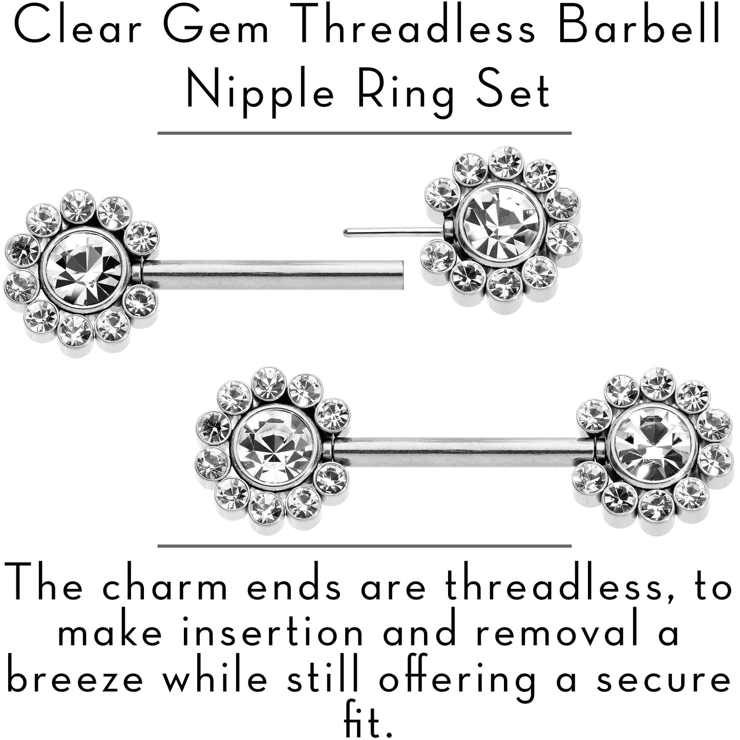 14G 9/16 Clear CZ Gem Flower Threadless Barbell Nipple Ring Set