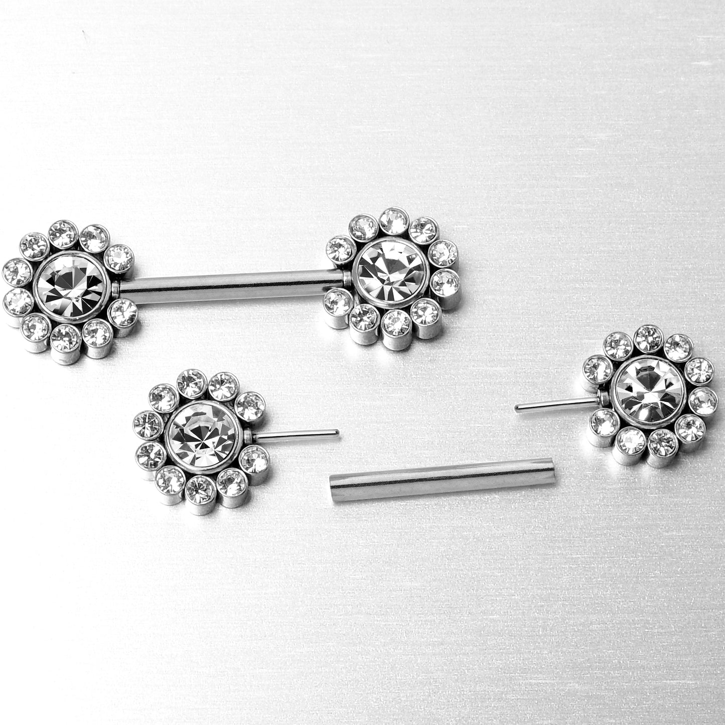 14G 9/16 Clear CZ Gem Flower Threadless Barbell Nipple Ring Set