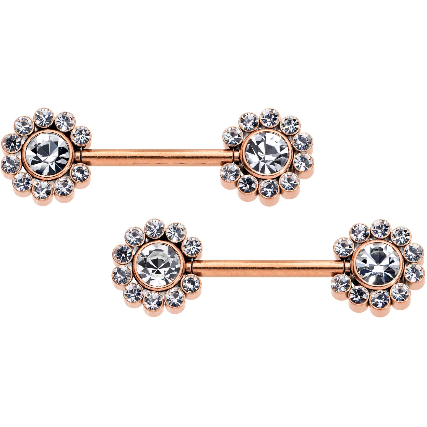 14G 9/16 Clear CZ Gem Rosy Tone Flower Threadless Nipple Ring Set