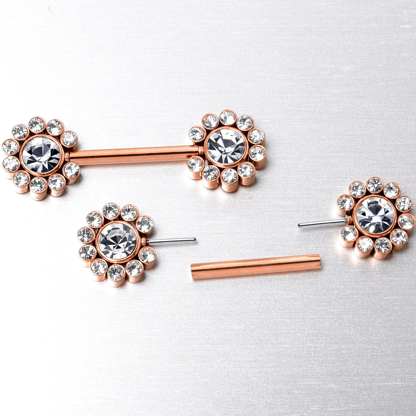 14G 9/16 Clear CZ Gem Rosy Tone Flower Threadless Nipple Ring Set