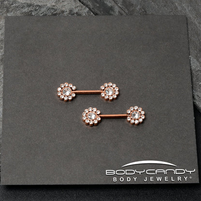 14G 9/16 Clear CZ Gem Rosy Tone Flower Threadless Nipple Ring Set