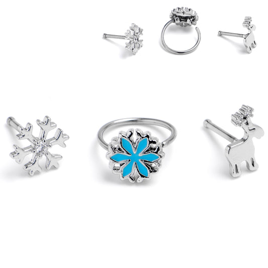 20G 1/4 Clear Gem Holiday Snowflakes Blue Nose Bone Hoop Set of 3