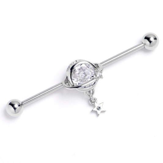 14G Clear Gem Starry Saturn Dangle Industrial Barbell 38mm