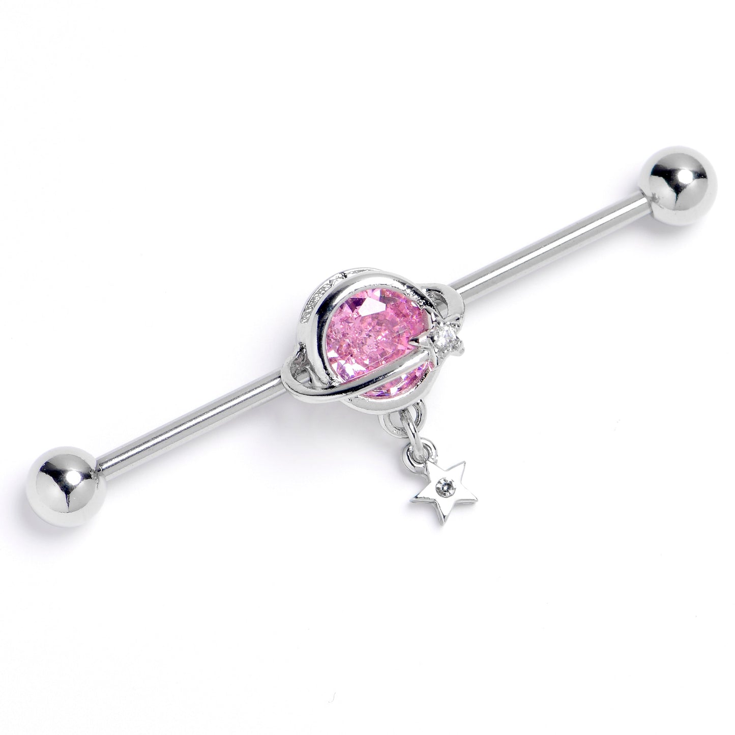 14G Pink Clear Gem Starry Saturn Dangle Industrial Barbell 38mm