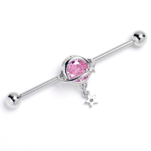 14G Pink Clear Gem Starry Saturn Dangle Industrial Barbell 38mm