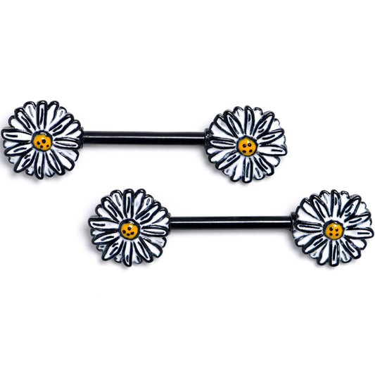 14G 9/16 Black Pretty Daisy Flower Barbell Nipple Ring Set