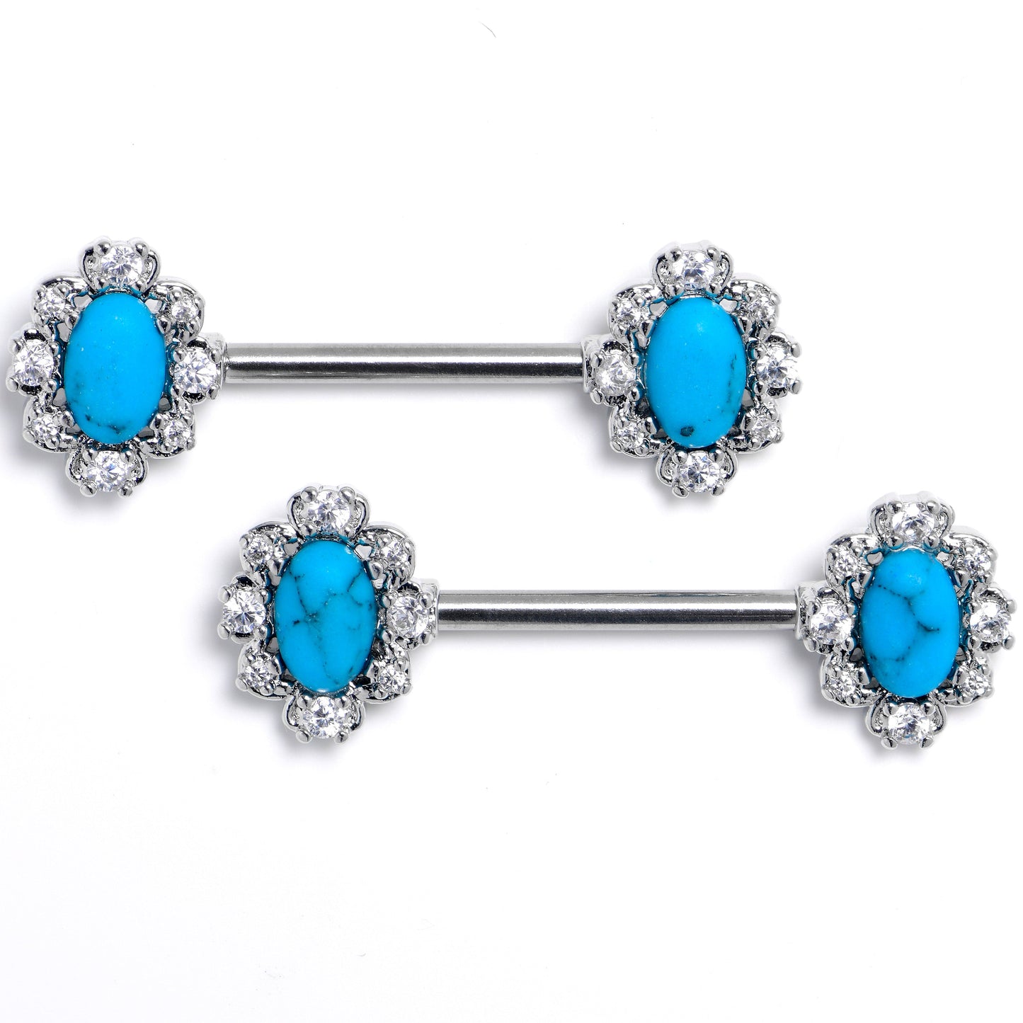 14G 9/16 Blue Turquoise Stone Filigree Square Nipple Ring Set