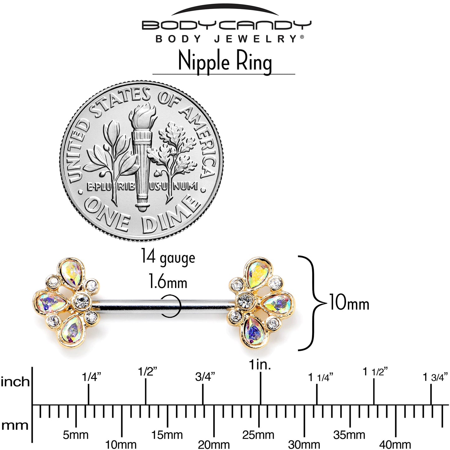 14G 9/16 Aurora Gem Golden Crown Deluxe Barbell Nipple Ring Set