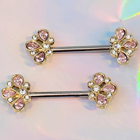14G 9/16 Pink Gem Filigree Flower Fantasy Barbell Nipple Ring Set