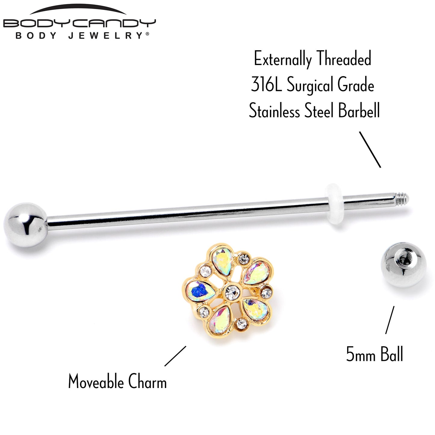 14G Aurora Gem Filigree Flower Fantasy Industrial Barbell 38mm