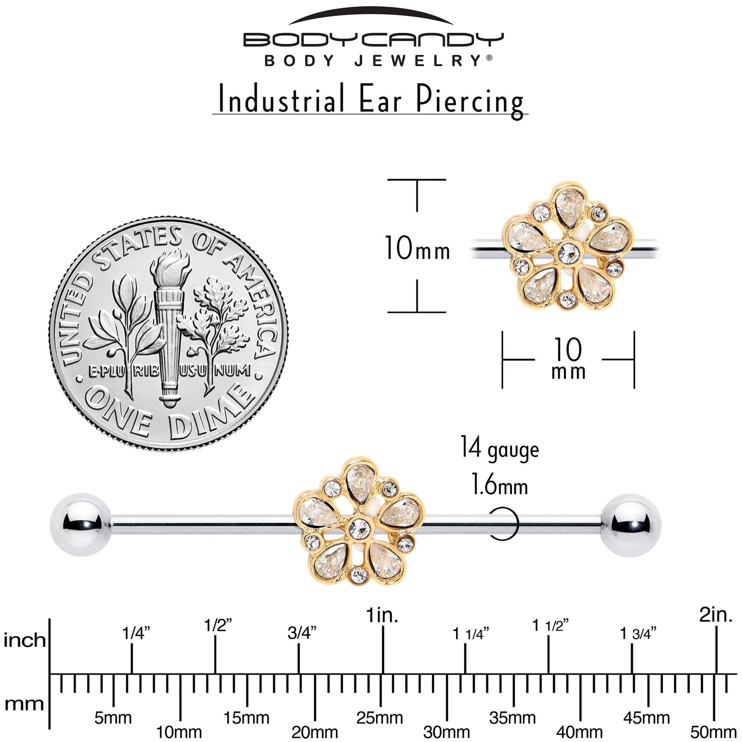 14G Clear Gem Filigree Flower Fantasy Industrial Barbell 38mm