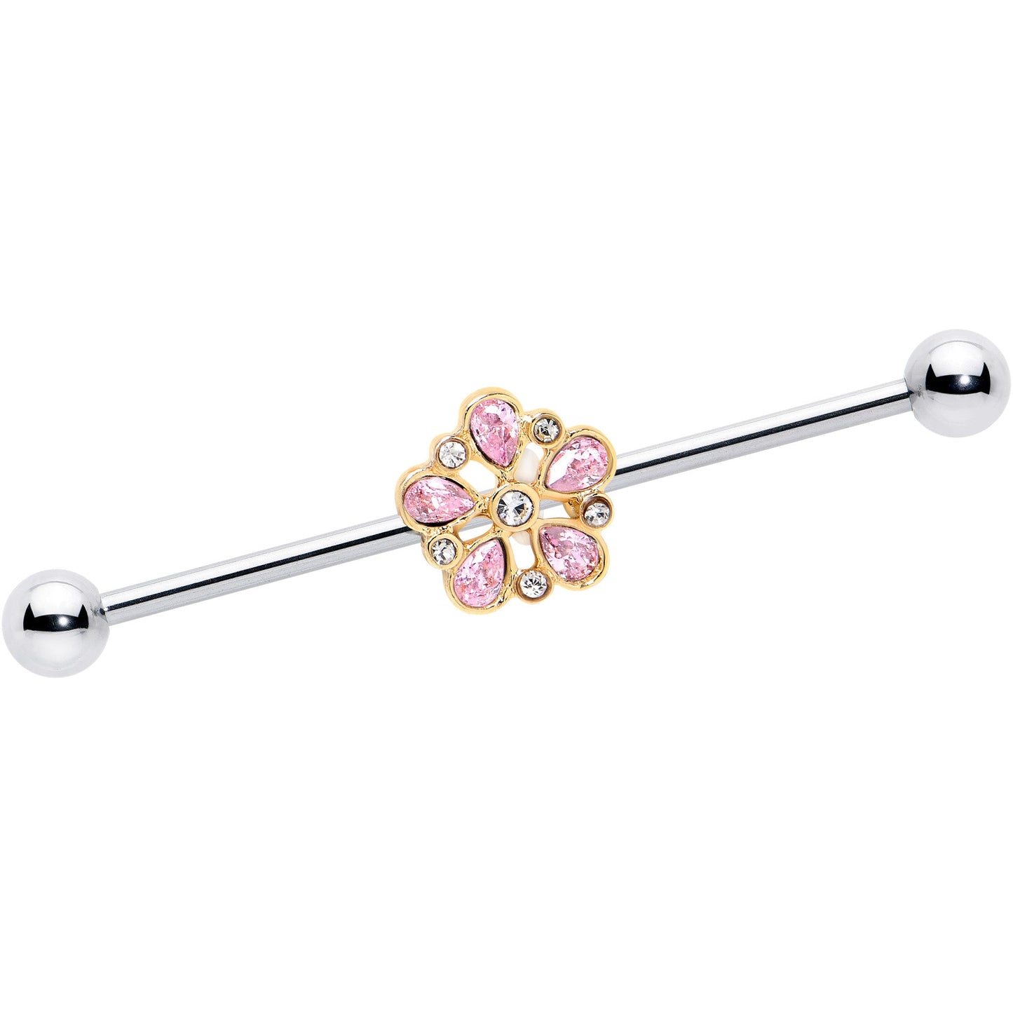 14G Pink Gem Filigree Flower Fantasy Industrial Barbell 38mm