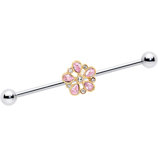 14G Pink Gem Filigree Flower Fantasy Industrial Barbell 38mm