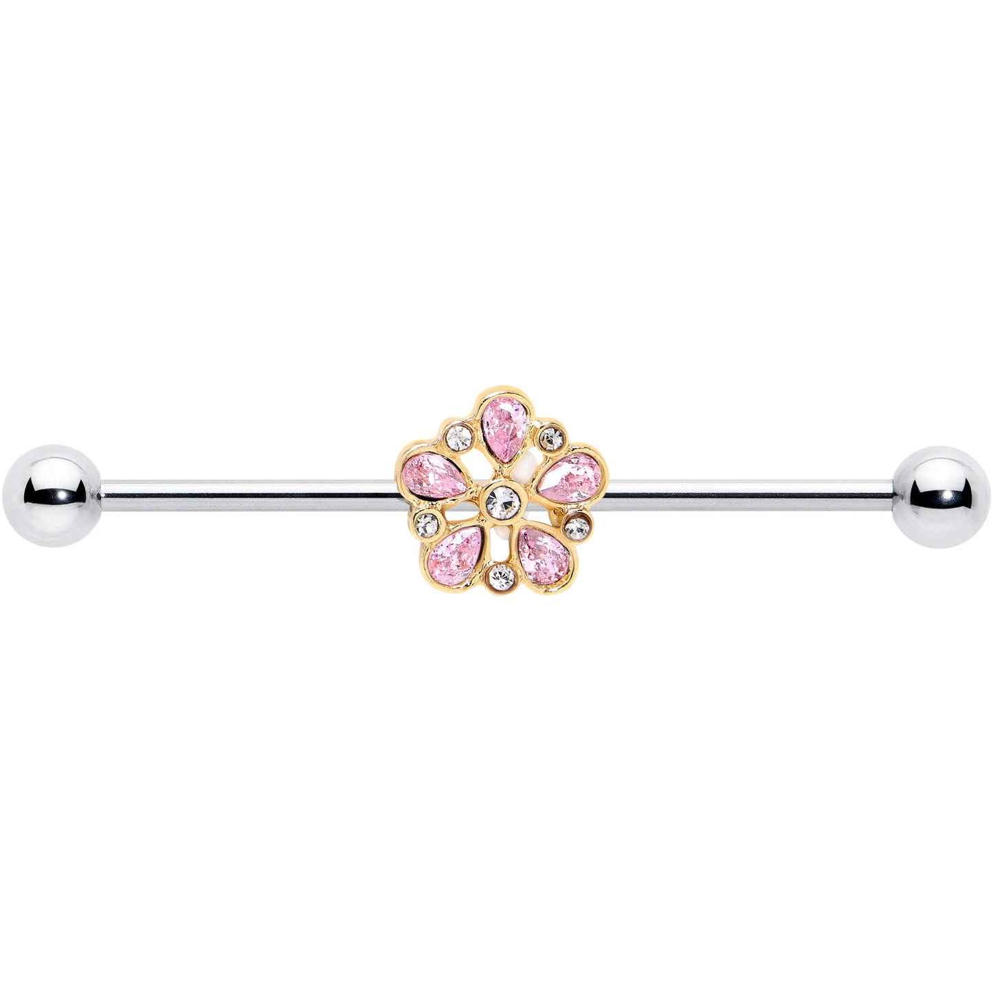 14G Pink Gem Filigree Flower Fantasy Industrial Barbell 38mm