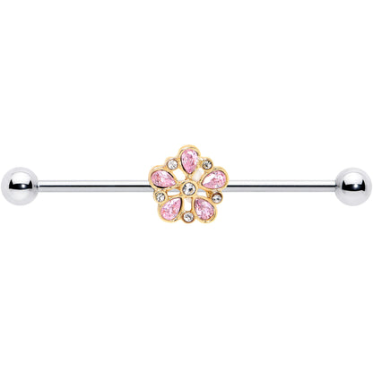 14G Pink Gem Filigree Flower Fantasy Industrial Barbell 38mm