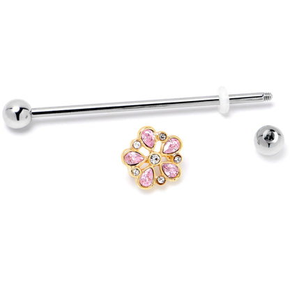 14G Pink Gem Filigree Flower Fantasy Industrial Barbell 38mm