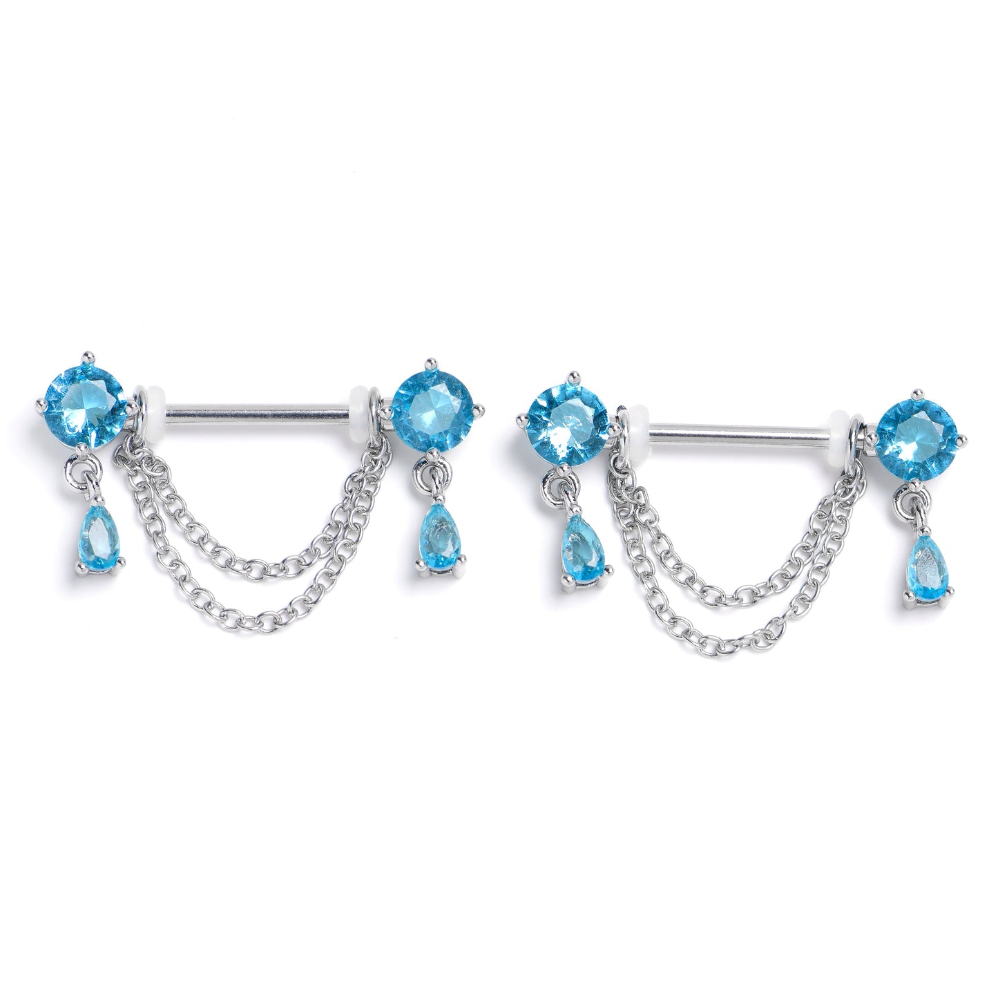 14G 9/16 Blue Gem Double Drama Dangle Nipple Ring Set