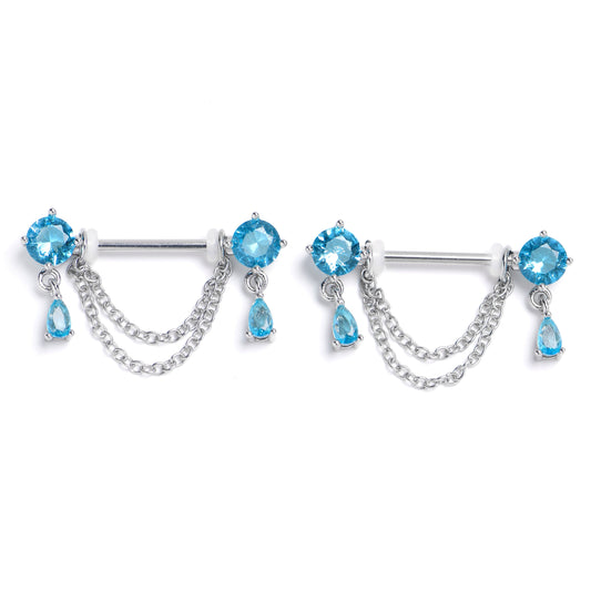 14G 9/16 Blue Gem Double Drama Dangle Nipple Ring Set