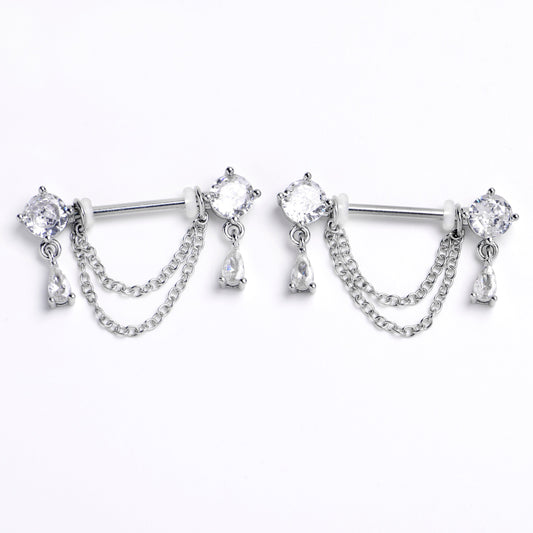 14G 9/16 Clear Gem Double Drama Dangle Nipple Ring Set