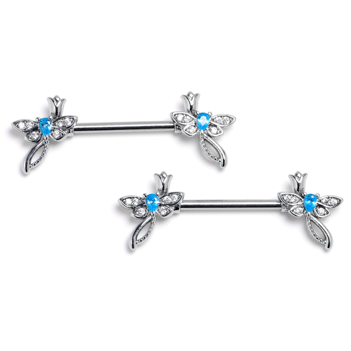 14G 9/16 Blue Gem Bold Dragonfly Barbell Nipple Ring Set