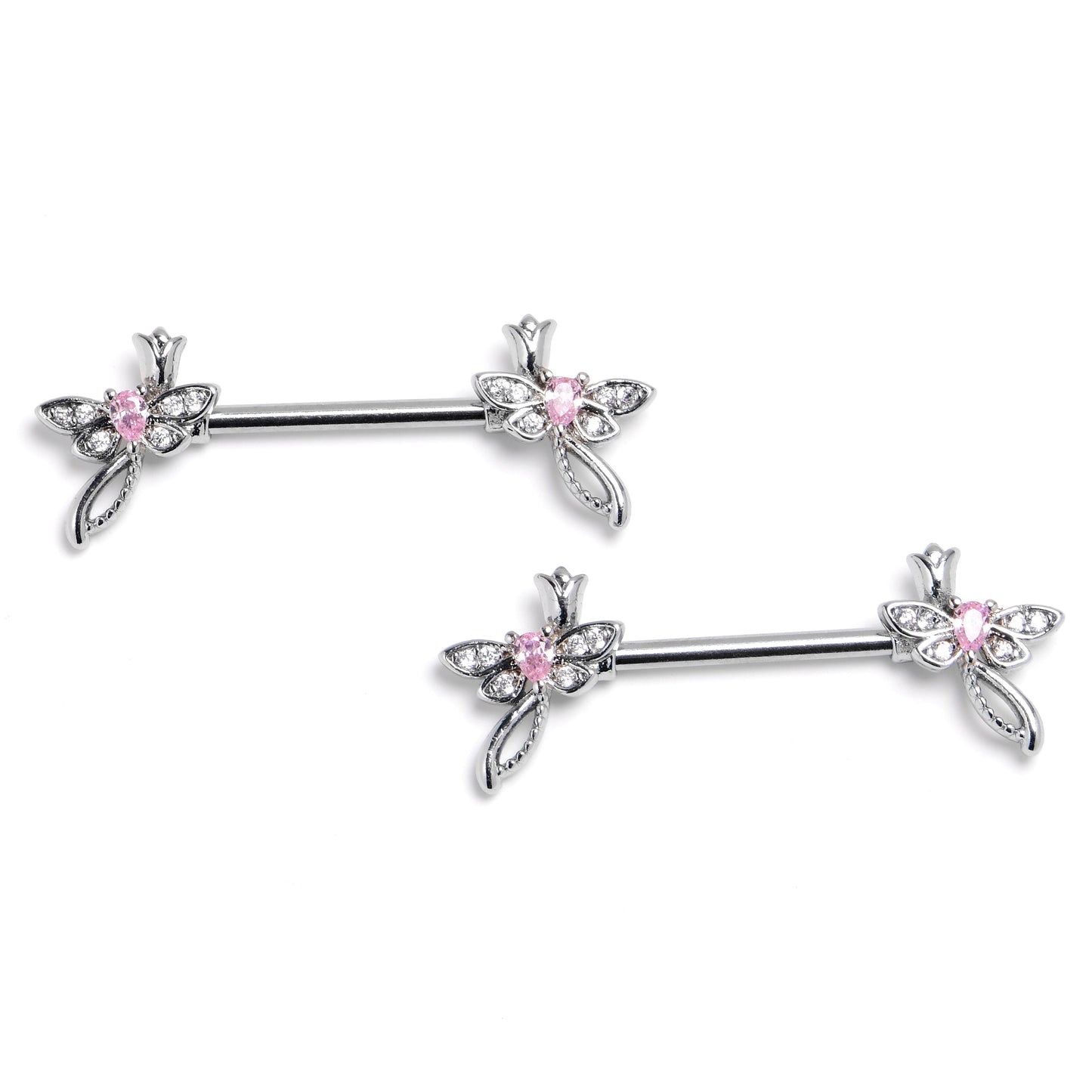14G 9/16 Pink Gem Bold Dragonfly Barbell Nipple Ring Set