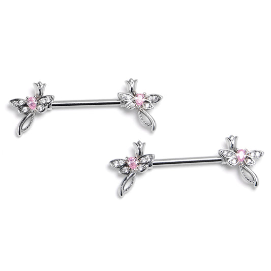 14G 9/16 Pink Gem Bold Dragonfly Barbell Nipple Ring Set