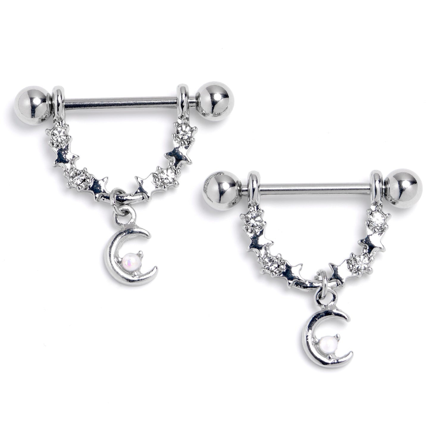 14G 9/16 Clear Gem Crescent Moon Stars Dangle Nipple Ring Set