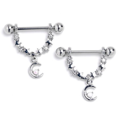14G 9/16 Clear Gem Crescent Moon Stars Dangle Nipple Ring Set