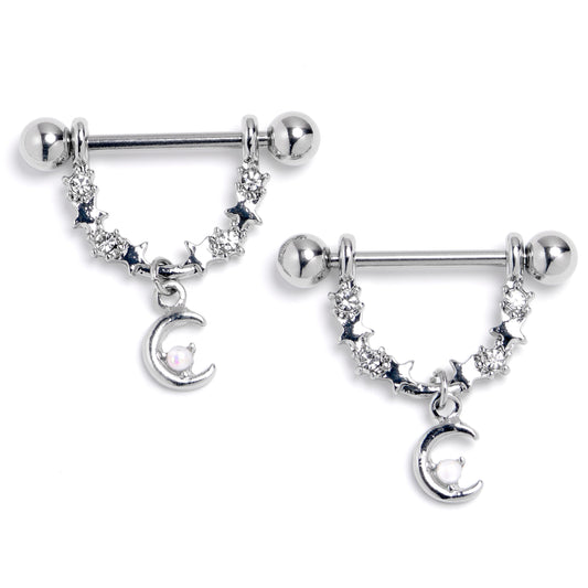 14G 9/16 Clear Gem Crescent Moon Stars Dangle Nipple Ring Set