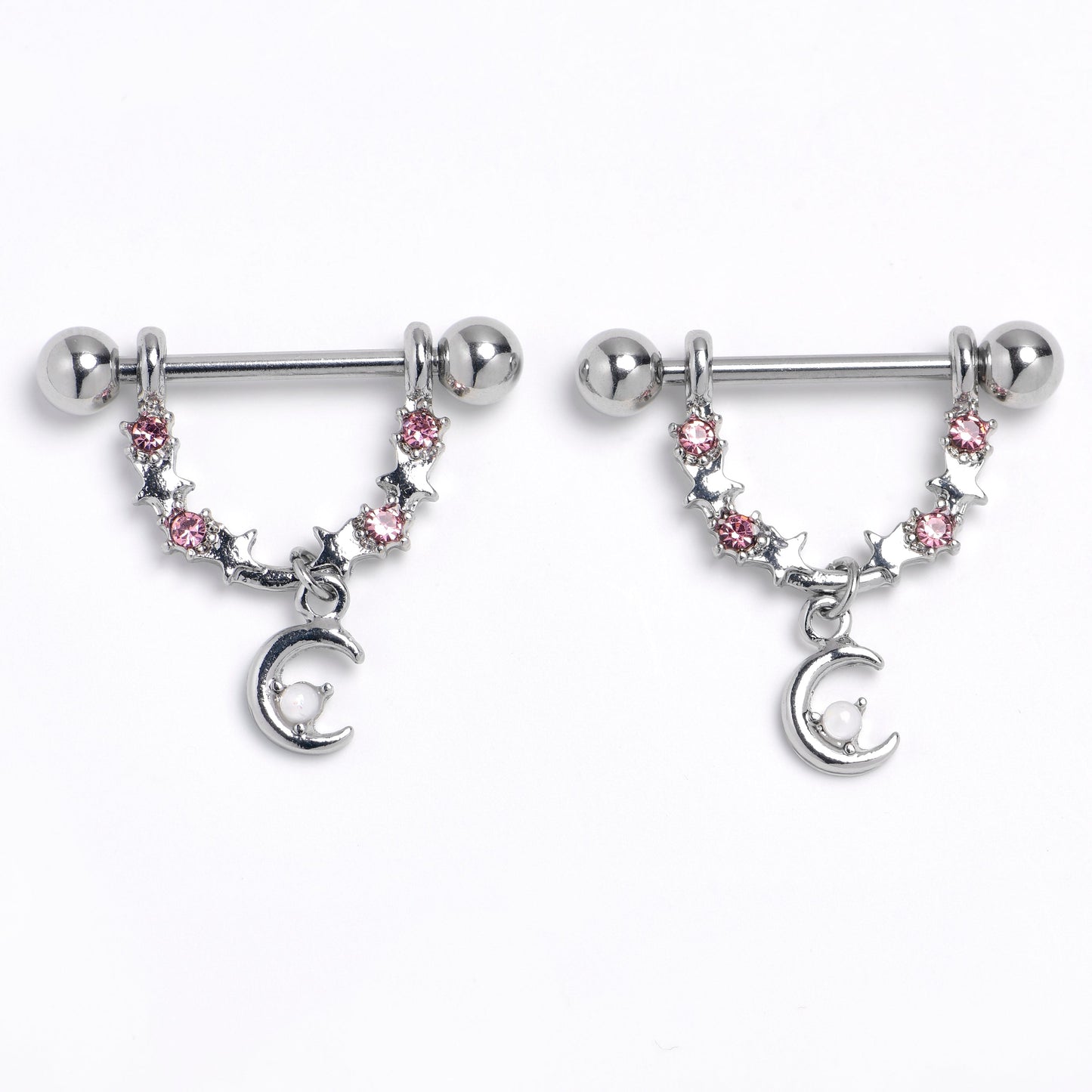 14G 9/16 Pink Clear Gem Crescent Moon Stars Dangle Nipple Ring Set