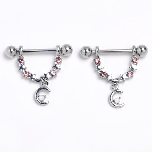 14G 9/16 Pink Clear Gem Crescent Moon Stars Dangle Nipple Ring Set