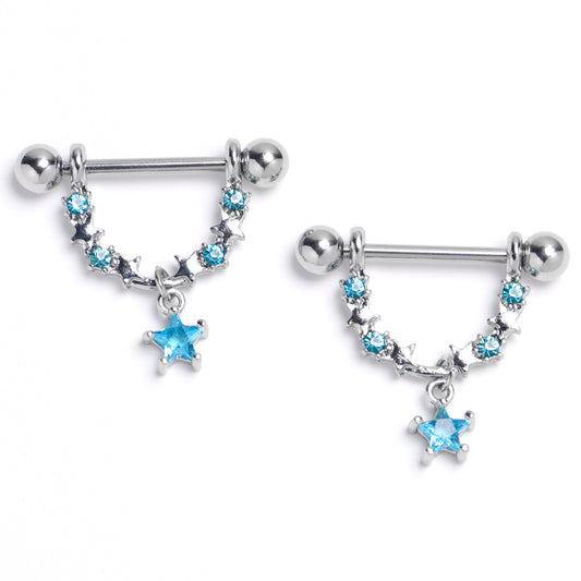 14G 9/16 Blue Gem All The Stars Dangle Nipple Ring Set