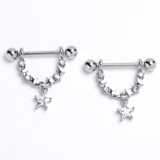 14G 9/16 Clear Gem All The Stars Dangle Nipple Ring Set