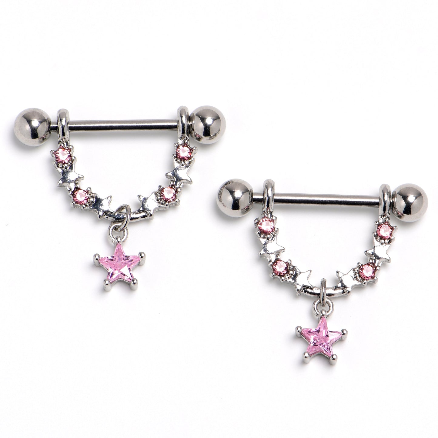 14G 9/16 Pink Gem Lush Stars Dangle Nipple Ring Set