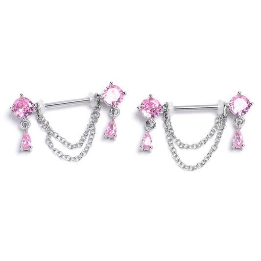 14G 9/16 Pink Gem Double Drama Dangle Nipple Piercing Rings