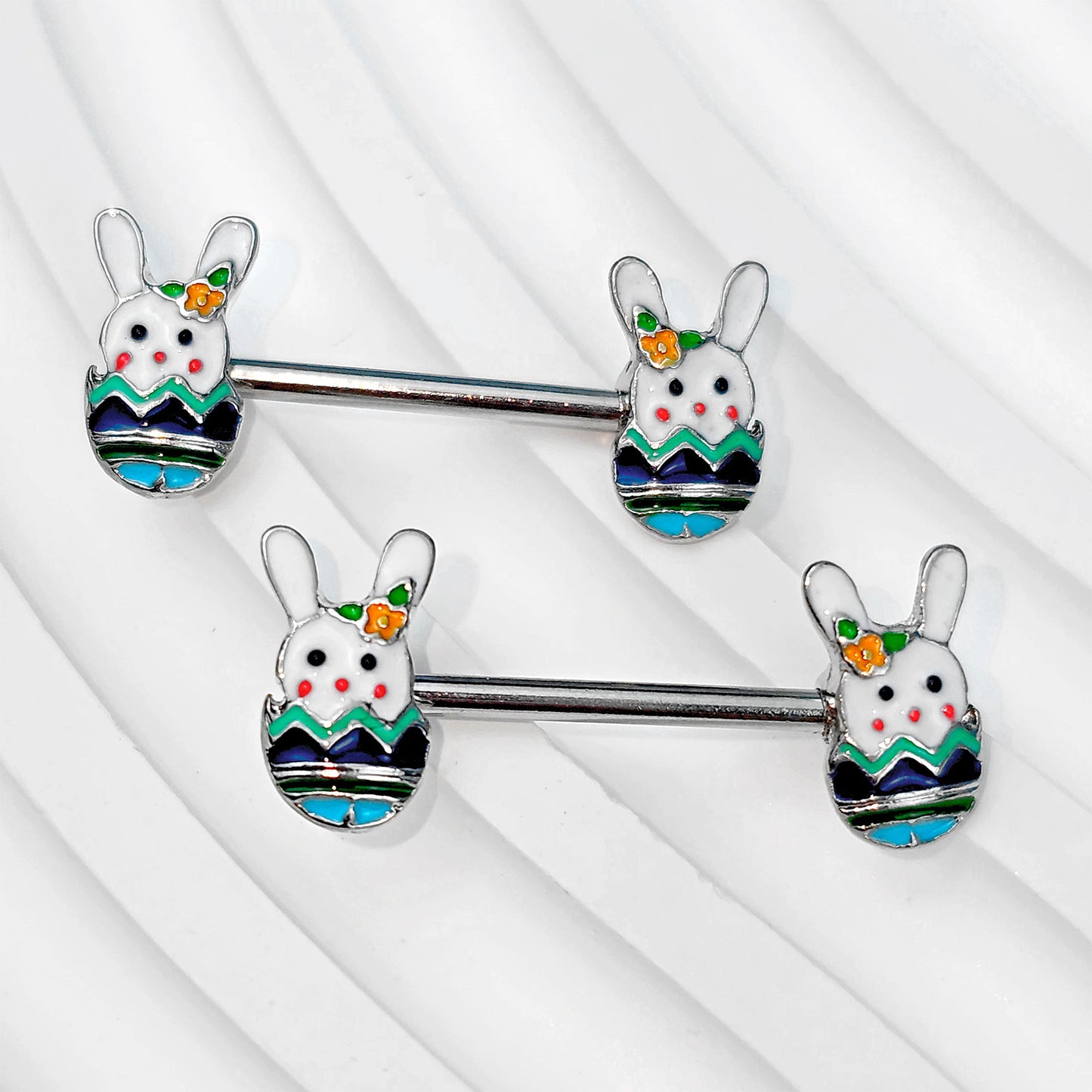14G 9/16 Easter Bunny Egg Barbell Nipple Ring Set