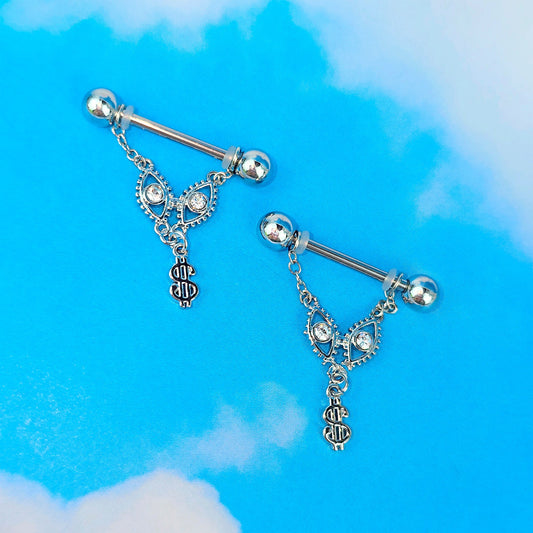 14G 9/16 Clear Gem Seeing Dollars Chain Dangle Nipple Ring Set