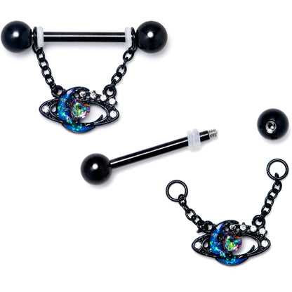 14G 9/16 Aurora Gem Black Saturn Space Moon Dangle Nipple Ring Set