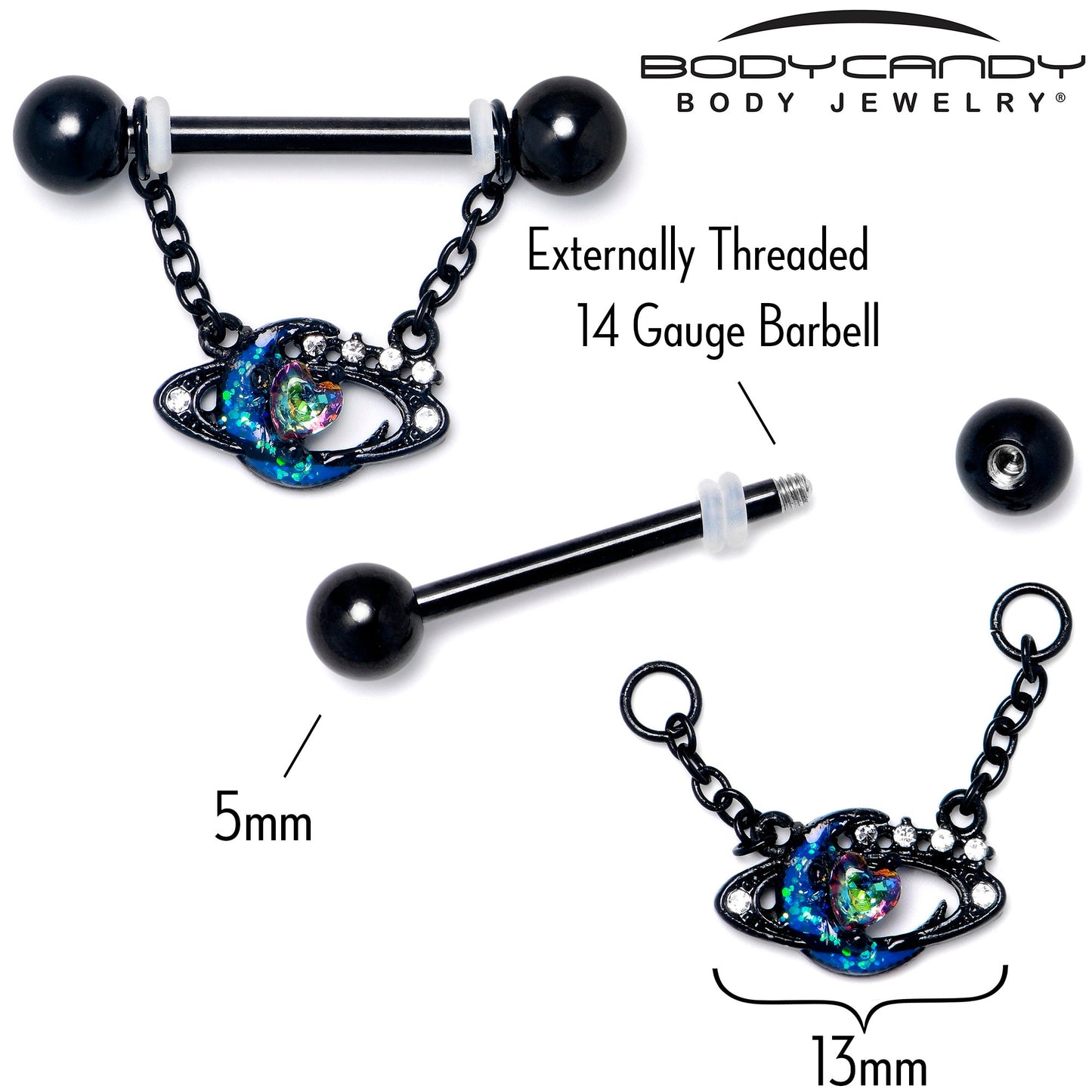 14G 9/16 Aurora Gem Black Saturn Space Moon Dangle Nipple Ring Set