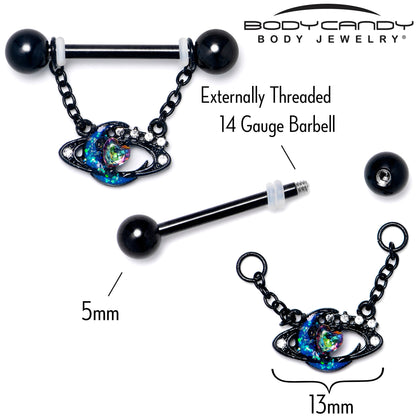 14G 9/16 Aurora Gem Black Saturn Space Moon Dangle Nipple Ring Set