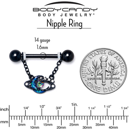 14G 9/16 Aurora Gem Black Saturn Space Moon Dangle Nipple Ring Set